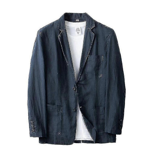 (L, Navy) Men's Linen Blazer Lightweight Jacket Coat Two Button