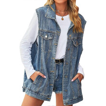 (Small, Blue) Women's Denim Jacket Sleeveless Button Down Jean Vest Mid Long Waistcoat