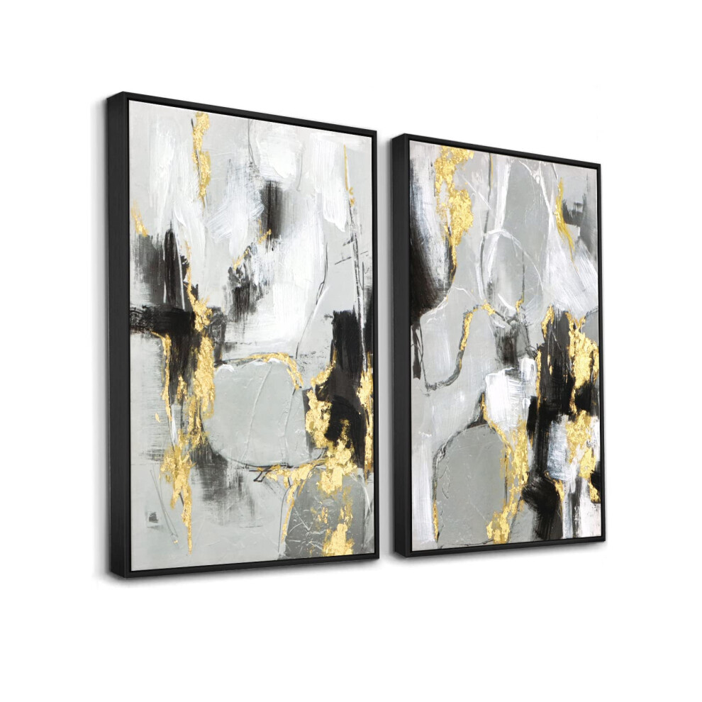 Lot de 2 d   corations murales abstraites Zessonic en noir et or, 16 x 24, toile noire et blanche, avec feuille d'or pour le salon