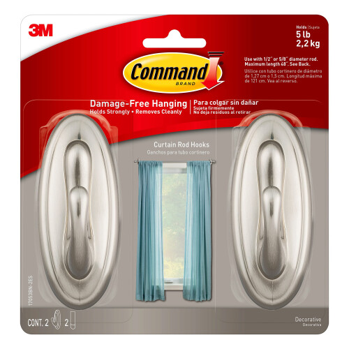 Command 17053BN-2ES Curtain Rod Hooks  Brushed Nickel  2 Count