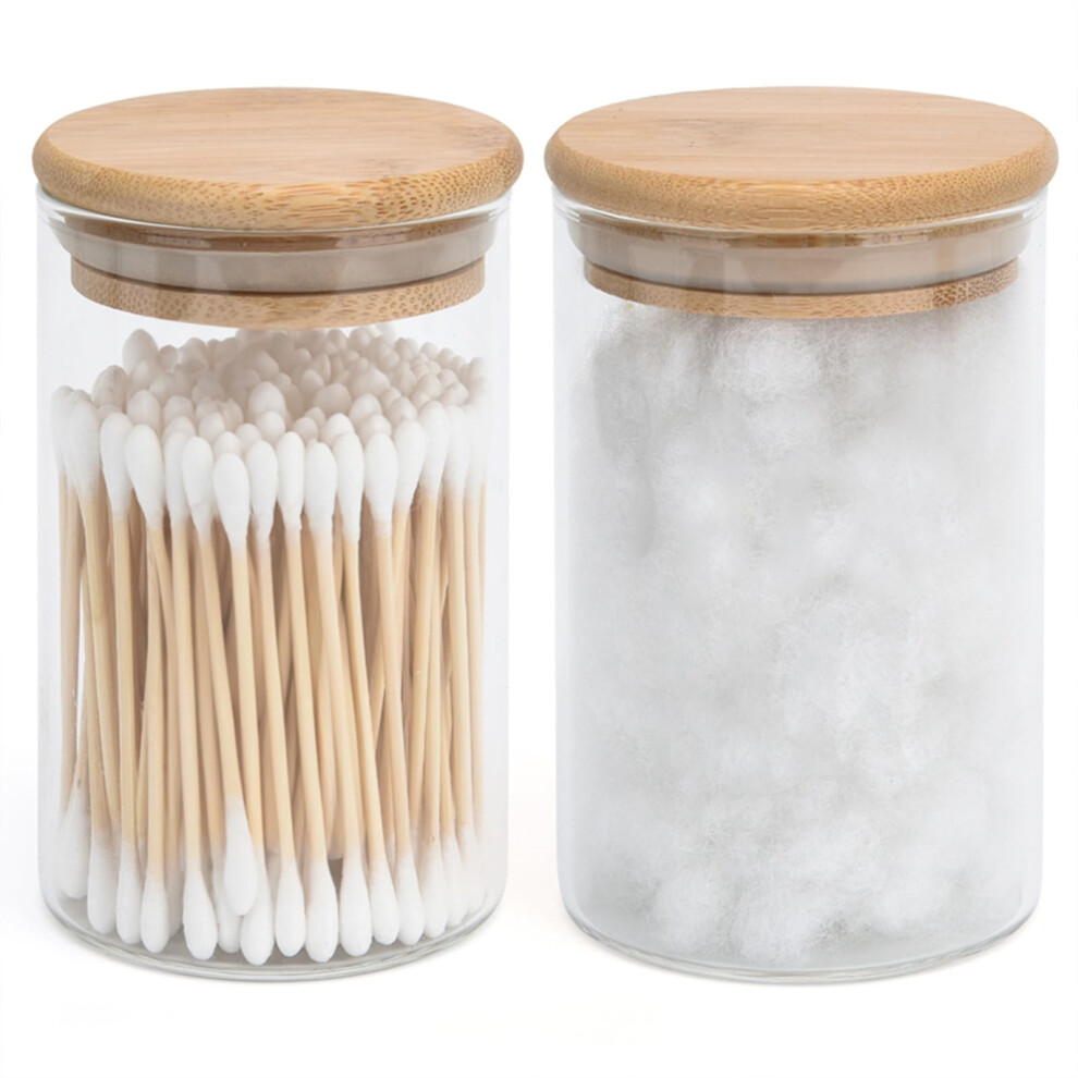 BKYFPQ Lot de 2 distributeurs de coton-tige en verre avec couvercles en bambou pour salle de bain