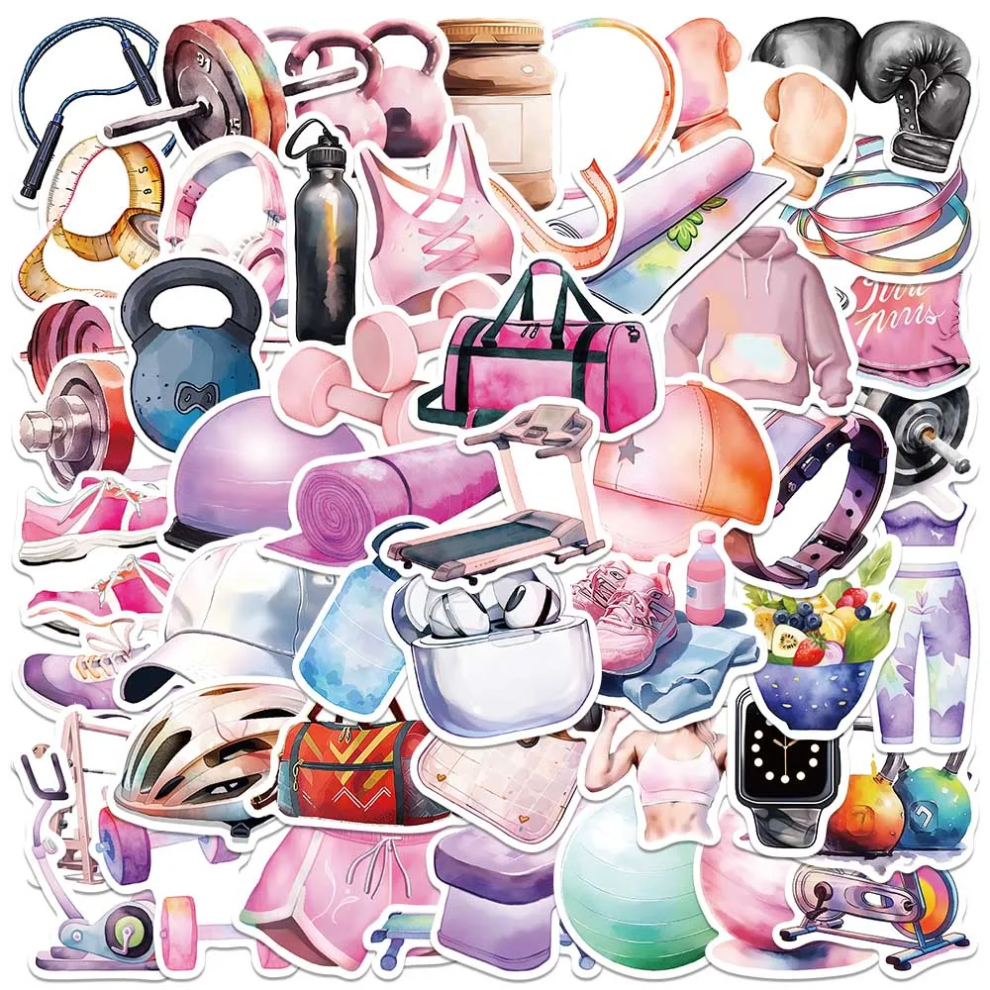 (MULTICOLOR) 50pcs Cute Cartoon Sport Fitness Equipment Stickers DIY Stickers Scrapbooking Phone Luggage Skateboard  Waterproof Decals