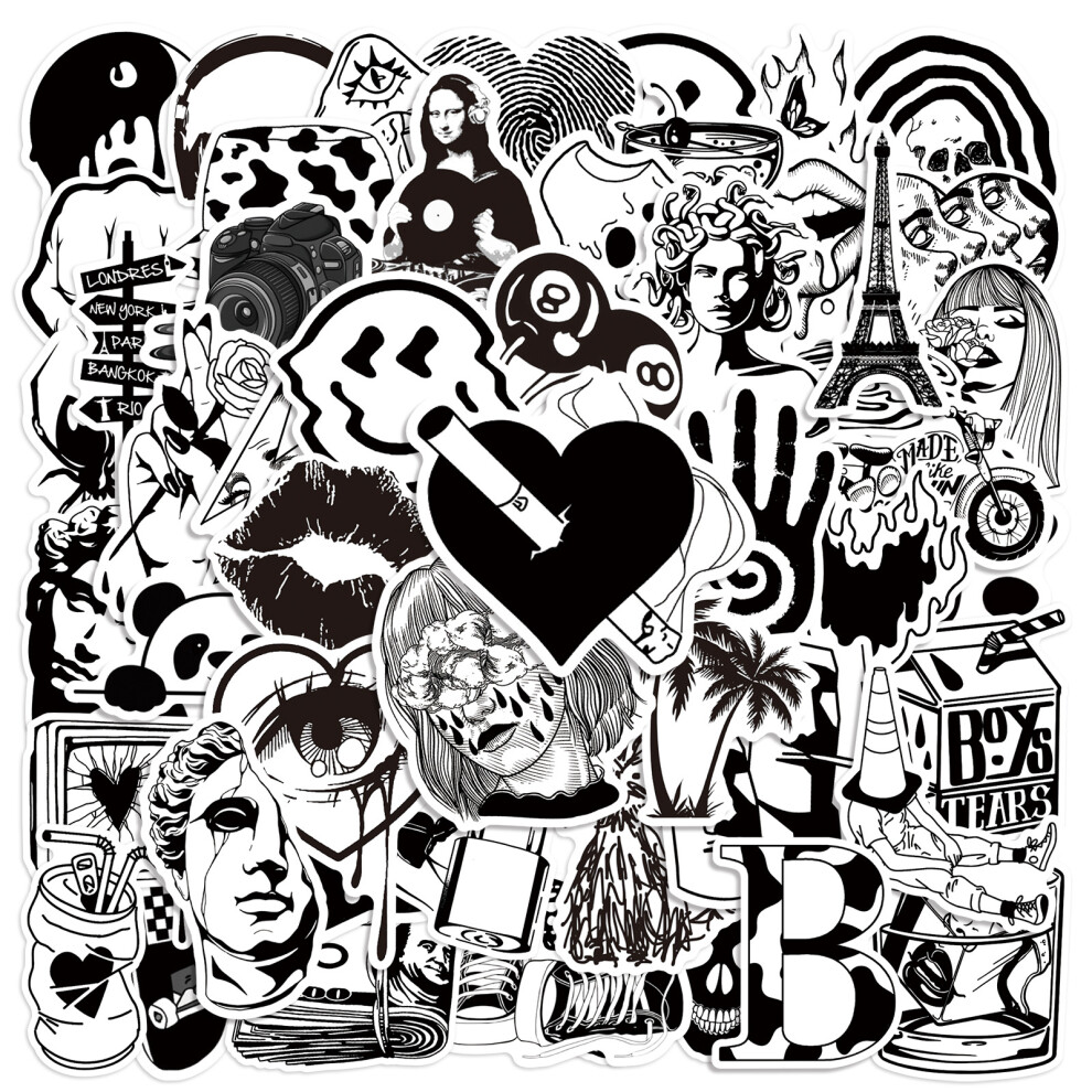 (MULTICOLOR) 50Pcs Black And White Art Styling Stickers Laptop Luggage Phone Case Guitar Fridge Car Motorcycle Cool Ins Decals