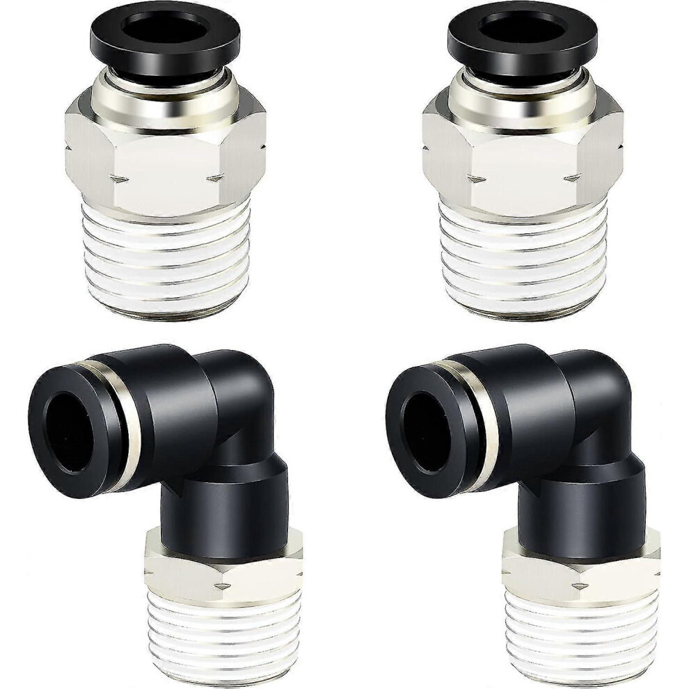(As Show, One Size) Pneumatic Elbow And Straight Tube Combination 1/4" Tube Od X 1/2" Npt Thread Push Connect Fitting 6Mm (4Pcs) 5063595911934