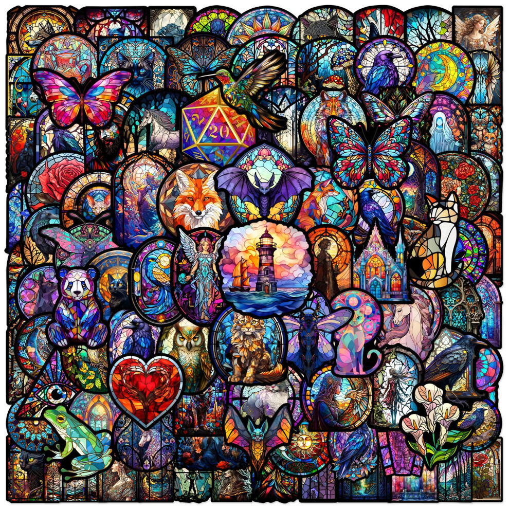 (MULTICOLOR) 100Pcs Retro Cartoon Colorful Glass Flowers Animals Stickers For Laptop Luggage Guitar Phone Waterproof Graffiti Vinyl Decals