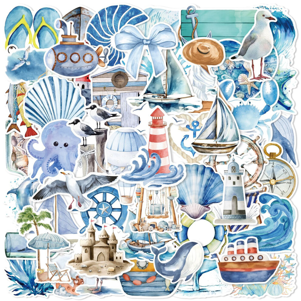 (MULTICOLOR) 50Pcs  Sea Sailboat Lighthouse Stickers Nautical  DIY Stickers Scrapbooking Phone Luggage Skateboard Waterproof Decals