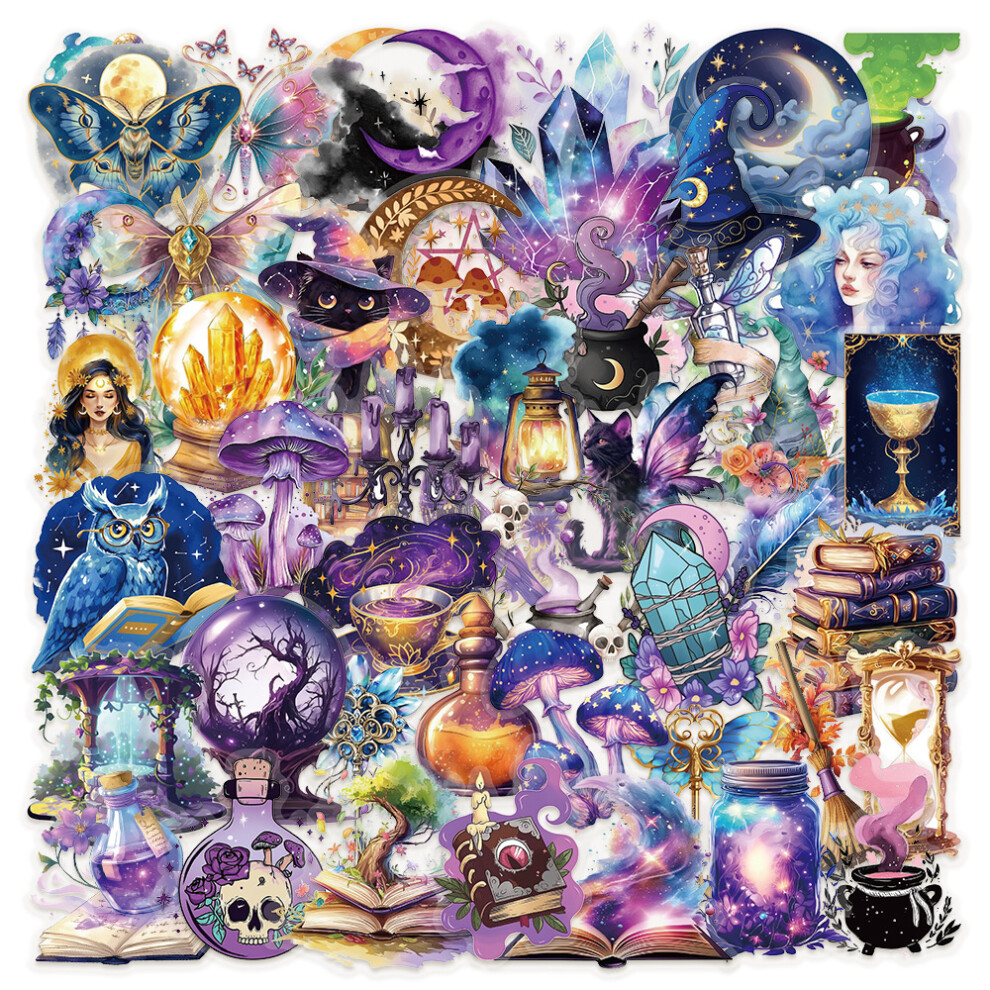 (MULTICOLOR) 50Pcs Aesthetic  Witch Stickers Pet Wizarding World DIY Stickers Scrapbooking Phone Luggage Skateboard Waterproof Decals