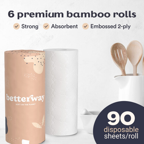 Betterway Χαρτιά κουζίνας από μπαμπού - 6 Ρολλοί, 2 Ply - Χωρίς Πλαστικό, Αναλώσιμα 2