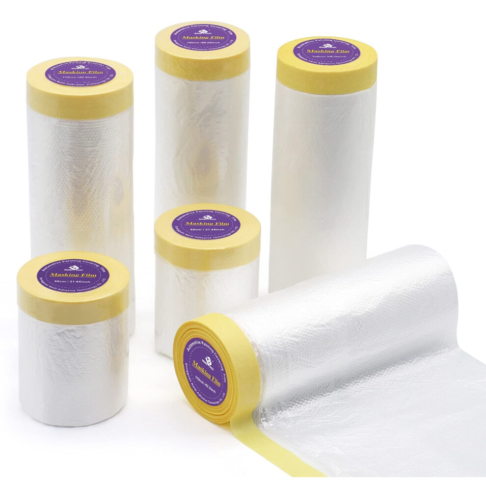 Bomei Pack 6Rolls Pre-Taped Masking Film Tape And Drape For Automotive Painting Covering 3 Multi Size X 66Feet/ Roll 607633537707