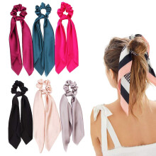 Zijden satijnen haarscrunchies Haarsjaal met strik Zijden elastische haarbanden Streep bedrukte haarbobbels voor paardenstaarthouder (6 stuks effen k