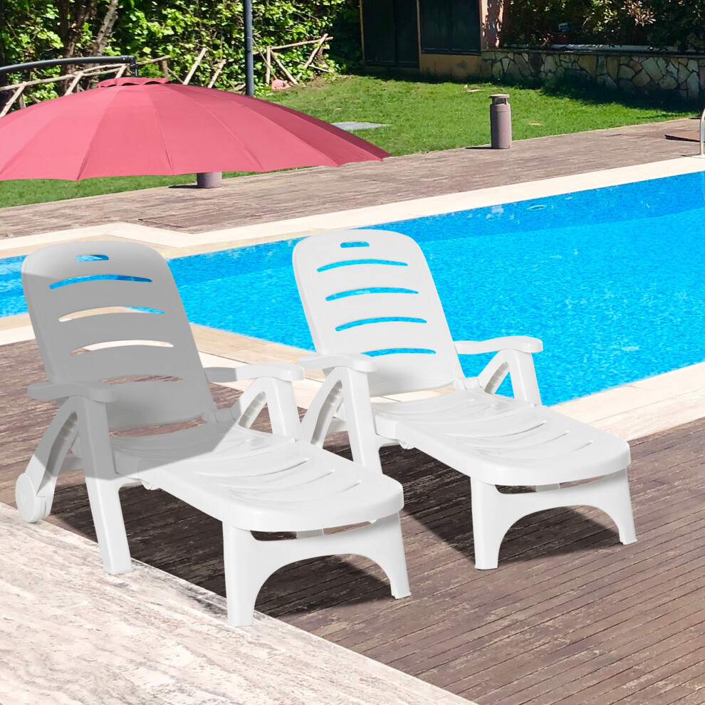 Outsunny Patio Folding Lounge Chairs Recliners With Wheels & 5-Position Backrest