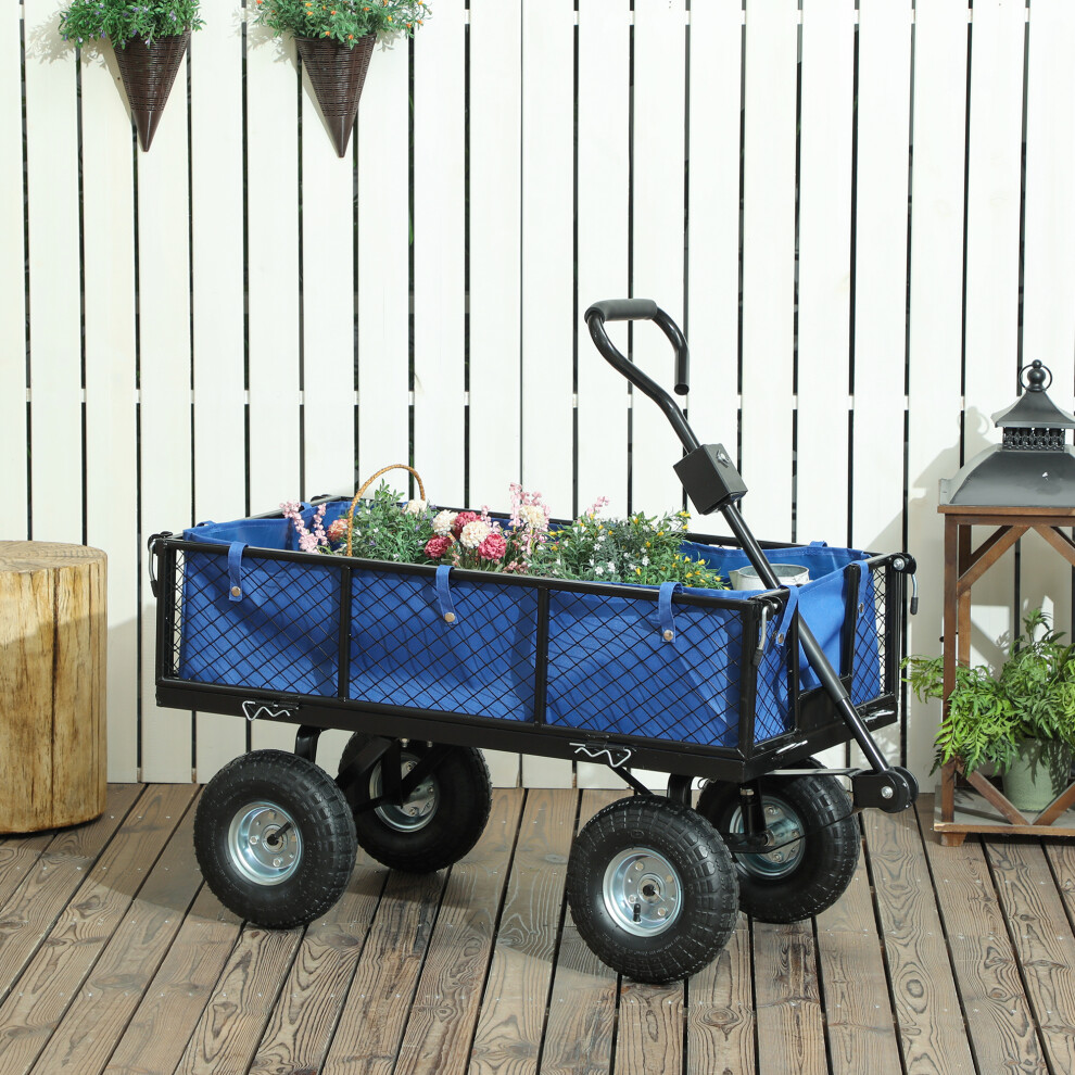 Outsunny Garden Cart With Removable Liner, Quick-Release Sides, Blue