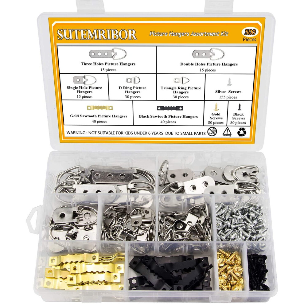 Picture Hanging Kit 500 Pcs Sutemribor Heavy Duty Assorted Picture Hangers With Screws For Picture Hanging Wall Mounting (500) 657390734017