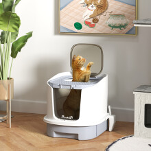 PawHut Cat Litter Box, Hooded Cat Litter Tray with Lid, Scoop, Grey