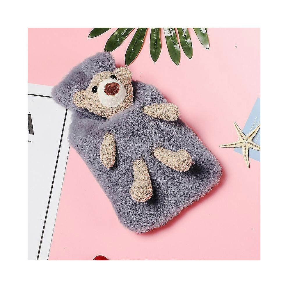 (As show, One size) LINJOU Hot Water Bag with Bear Soft Cover for Shoulders Pain Relief Hot Cold Therapy (1L,Dark Gray)