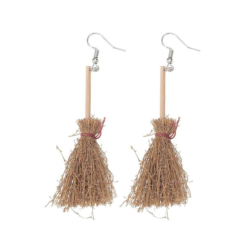 Kricely (As Show, One Size) A Pair Of Witch Broom Earrings Halloween Funny Ear Hooks Natural Hand-Woven Eardrop For Women Girls