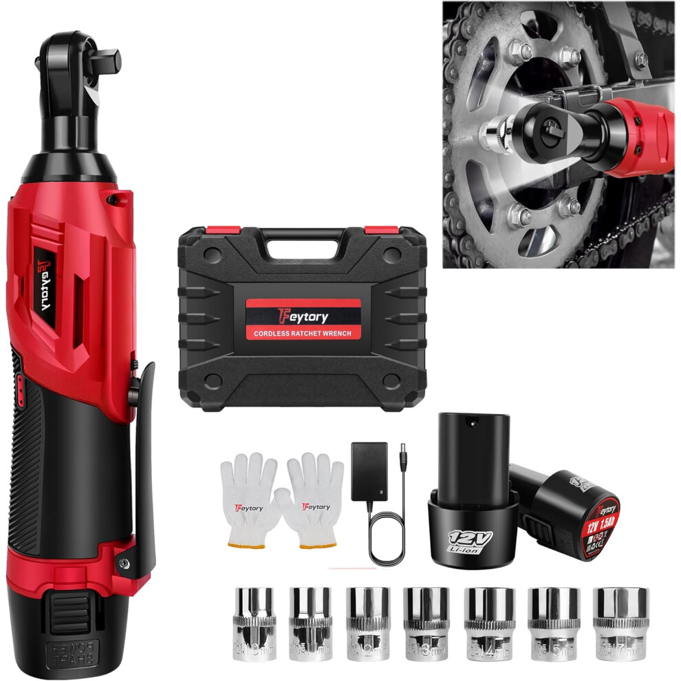 Red 500Nm Electric Cordless Right Ratchet 3/8'' 90 Angle Wrench Power 2 Battery Kit