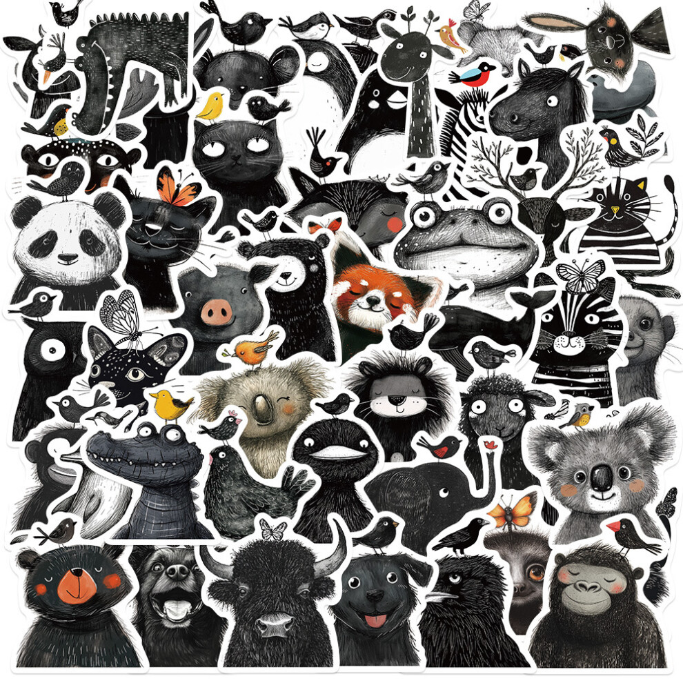 (MULTICOLOR) 50Pcs Cute Black and White Animal Stickers DIY Stickers Scrapbooking Phone Luggage  Decorative Waterproof Decals