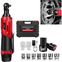 Cordless Electric Ratchet Wrench Kit, 3/8 Inch Power Ratchet Wrench with Variable Speed Trigger 2X1.5Ah Li-Ion Batteries, 7 Sockets, Fast Charge -Red