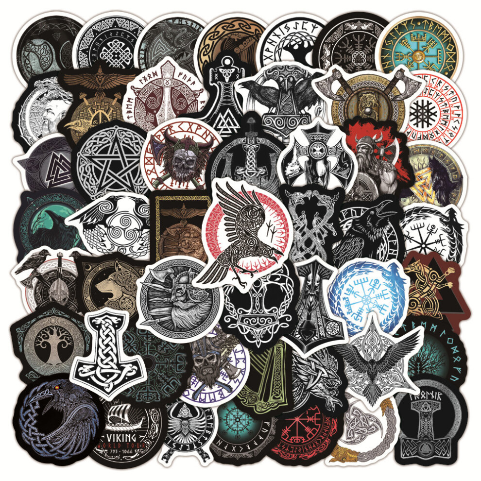 (MULTICOLOR) 50Pcs Mysterious Viking Pirates Style Stickers Frost Nordic Giant Wolf Defense Totem Symbol Rune DIY Stickers  Waterproof Decal