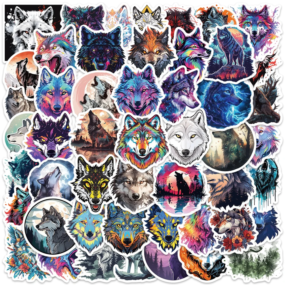 (MULTICOLOR) 50Pcs Wolf Stickers Vinyl Wolf DIY Stickers Scrapbooking Phone Luggage Skateboard  Waterproof Decals