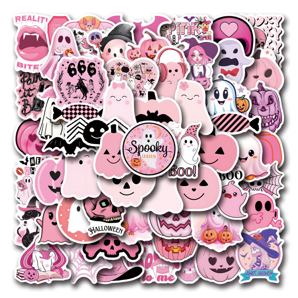 (Pink) 50Pcs Cute Halloween Ghost Skull Pumpkin Stickers Diy Stickers Scrapbooking Phone Luggage Skateboard Waterproof Decals Pink