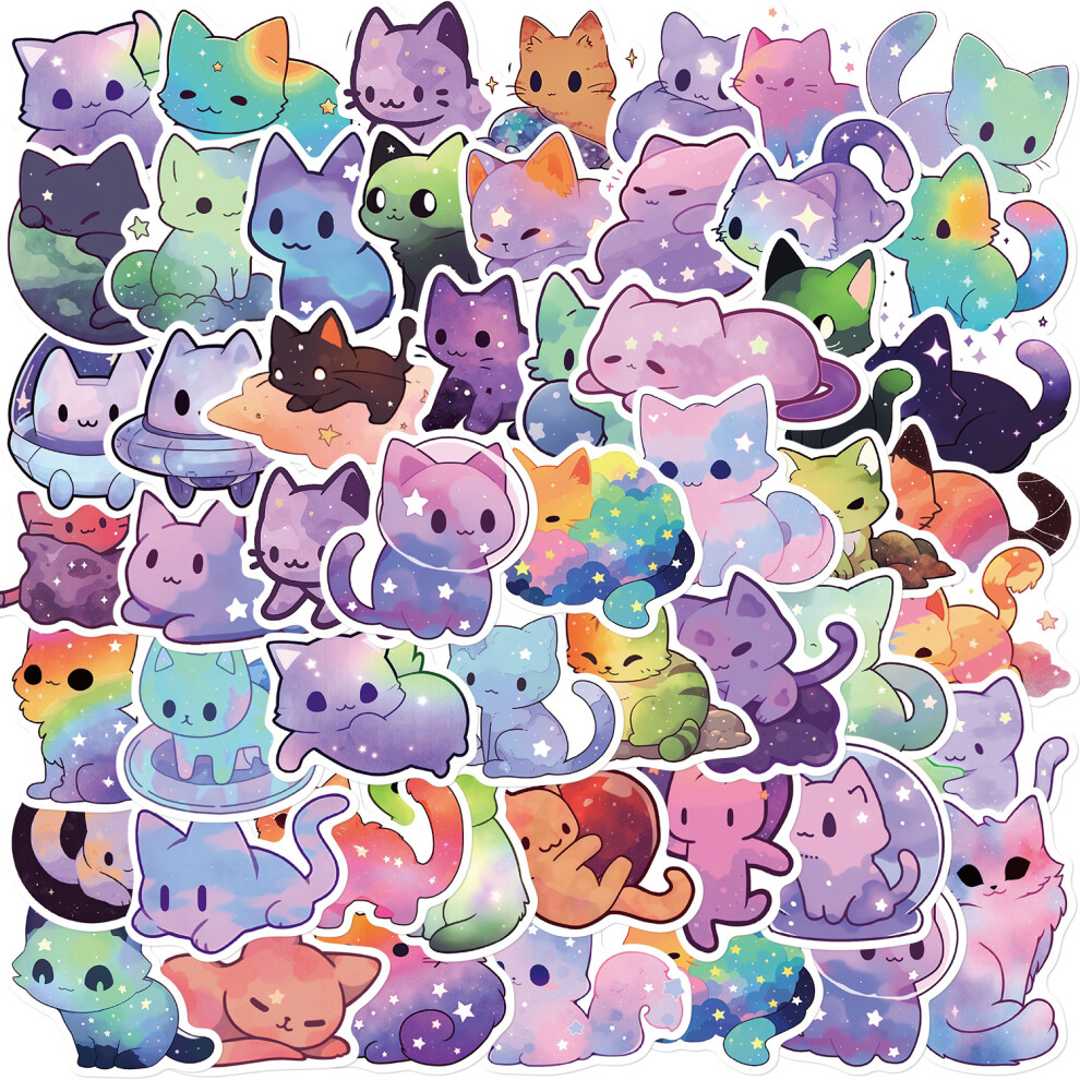 (MULTICOLOR) 50Pcs Kawaii Cartoon Starry Sky Cats Stickers Colorful Cat DIY Stickers Scrapbooking Phone Luggage Skateboard  Waterproof Decals
