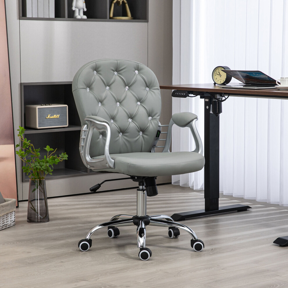 Bobobiy Grey Office Chair Ergonomic 360° Swivel Pu Diamante Padded Base 5 Castor Wheels For Home Work - Image 5