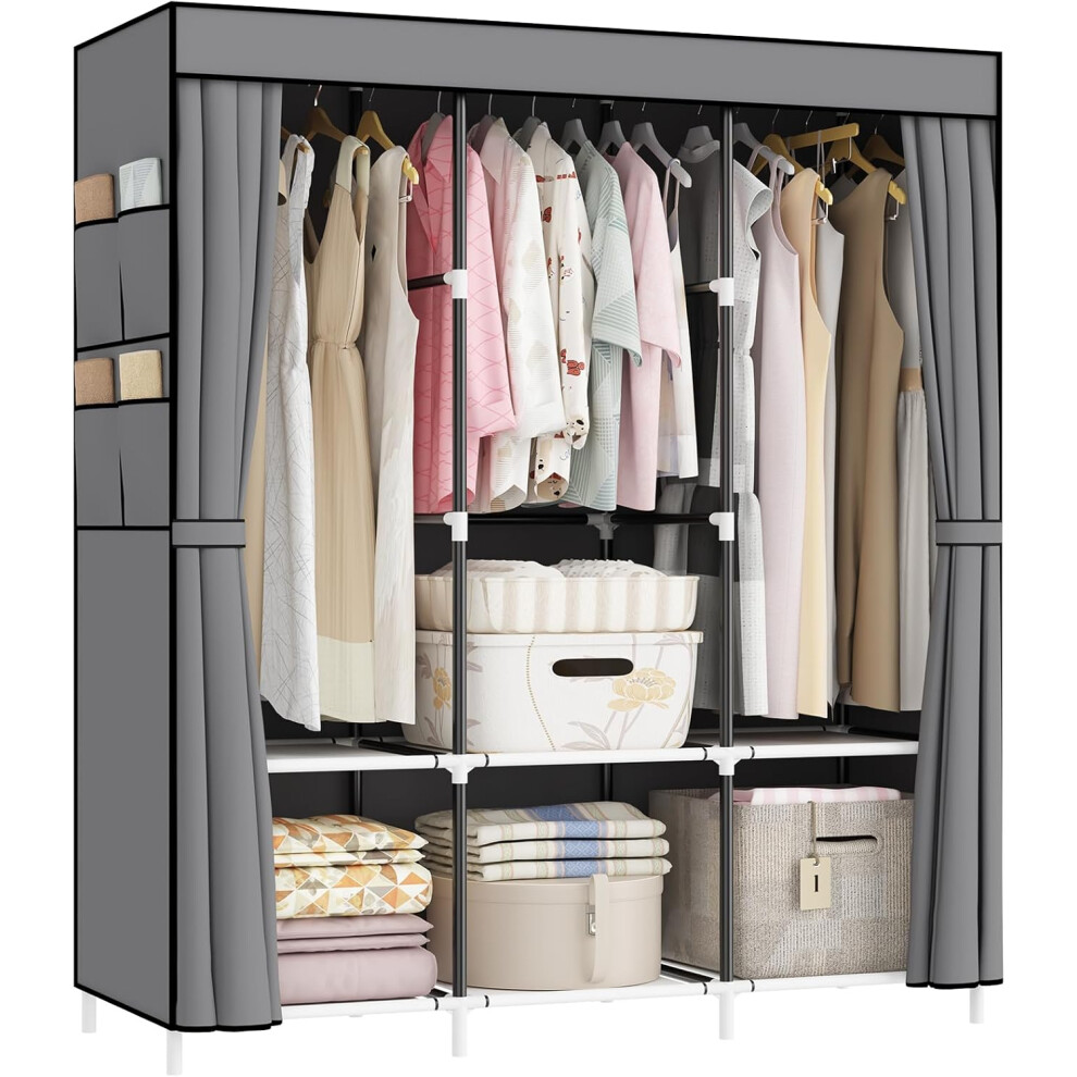 (Grey) Canvas Wardrobe, Portable wardrobe Pop up wardrobe, Versatile Fabric Wardrobe with 3 Storage areas and 3 Hanging Rail、8 Side Bags