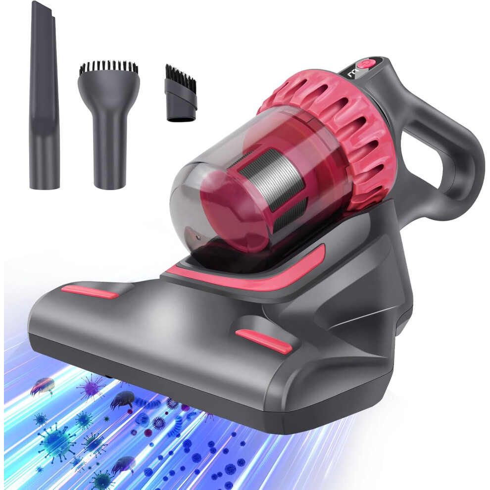 Mite Removal Mattress Vacuum Cleaner with UV Light,10KPa Suction,HEPA Filter, Vacuum Dust Mites Cleaner Handheld Cordless Vacuum,pinkPink+Silver Grey
