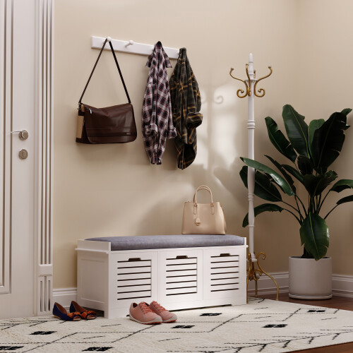 HOMCOM 3-Door Shoe Storage Bench Cushion Seat Slatted Doors, White