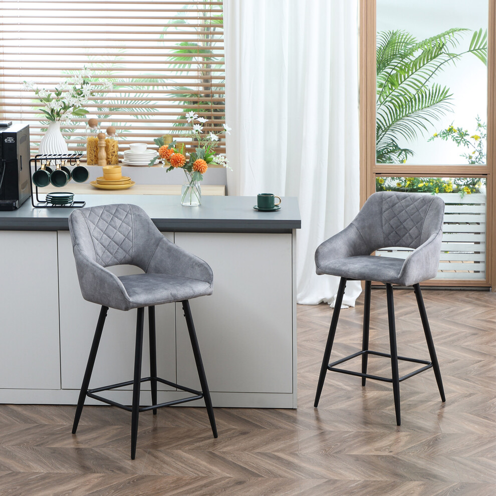 Bar Stools Set 2, Velvet Touch Fabric Counter Height Chairs Grey - Image 3