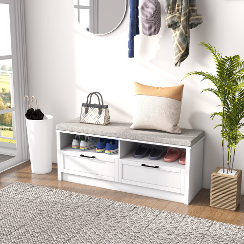 Homcom HOMCOM Shoe Bench with Removable Cushion, Open Compartments and Drawers