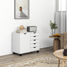 HOMCOM Modern Mobile 5-Drawer Cabinet with Door, White Office Storage (838-281V80WT) - Adjustable Shelf, 4 Wheels