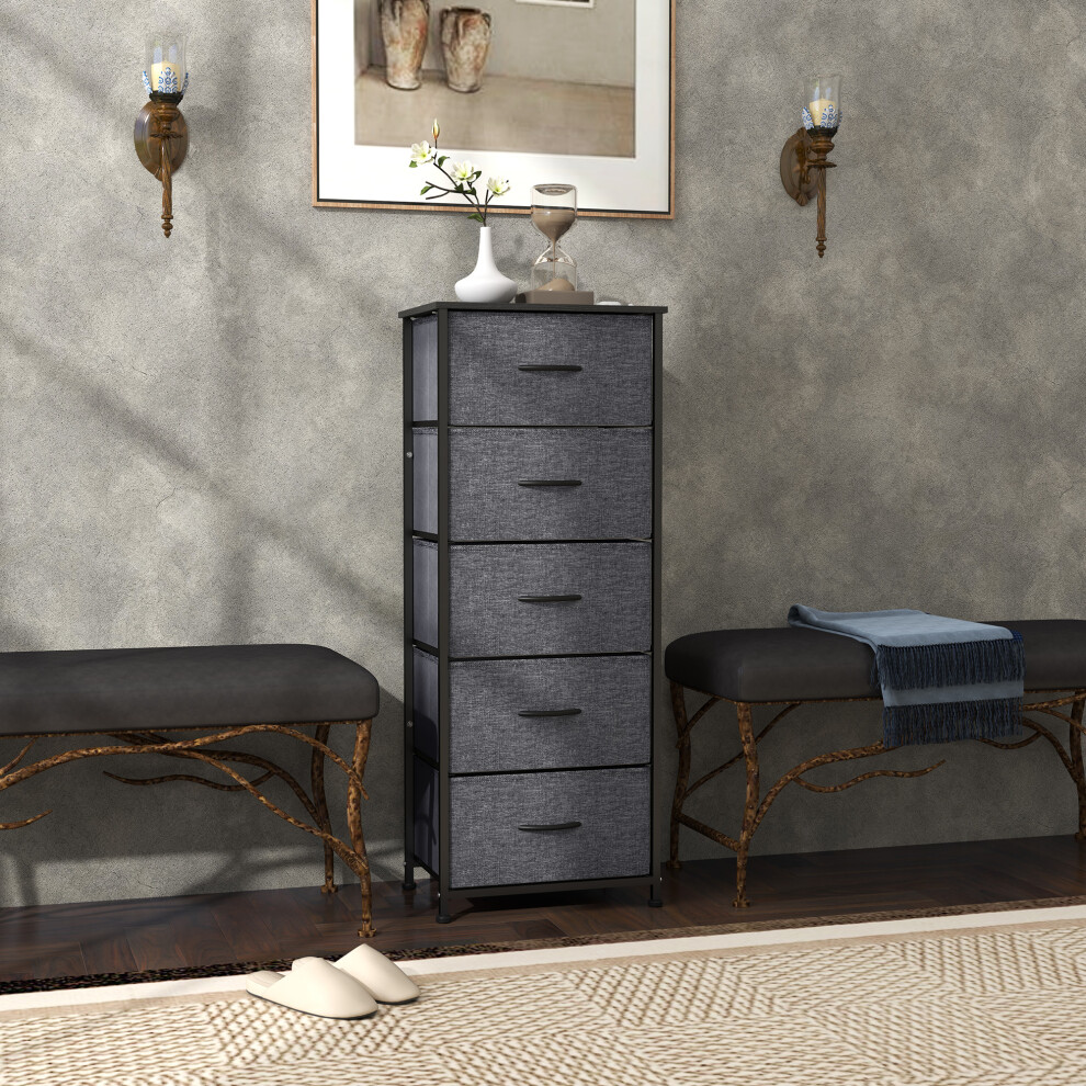 Homcom (Black) 5 Drawer Fabric Chest Of Drawers W/ Wooden Top For Hallway Black