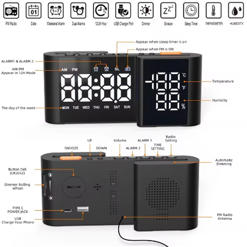 (Black) S-shaped Digital Alarm Clock FM Radio LED Clock 2