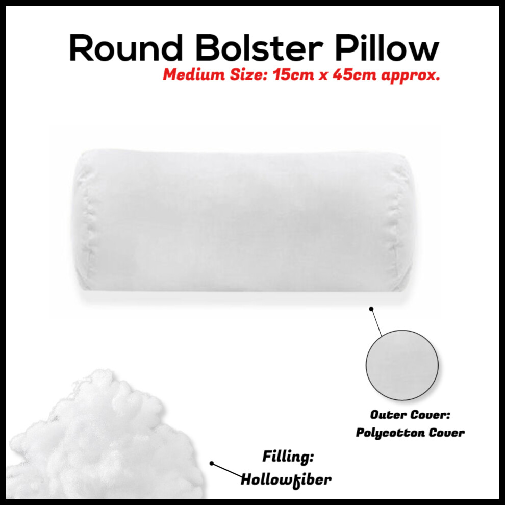 (Medium 15 x 45cm) Round Bolster Pillow White Cushion Long Body Support Orthopaedic Pillow