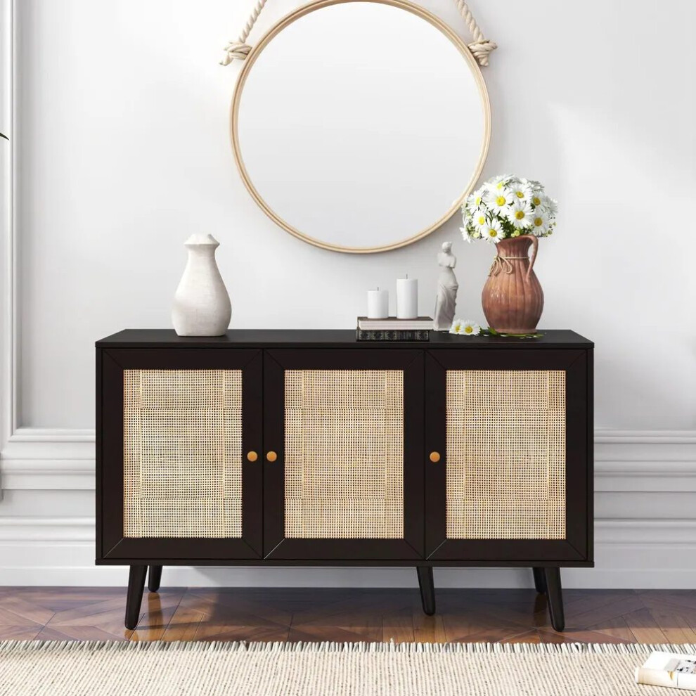 Ferrero Black and Woven Rattan 3 Door Medium Sideboard - 120cm
