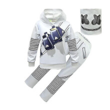 (140cm, kids) Dj Marshmello Music Festival Kids Printed Hooded Tops And Loose Trousers Outfit Set With Headwear A