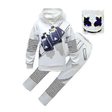 (130cm, kids) Dj Marshmello Music Festival Kids Printed Hooded Tops And Loose Trousers Outfit Set With Headwear A