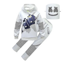 (160cm, kids) Dj Marshmello Music Festival Kids Printed Hooded Tops And Loose Trousers Outfit Set With Headwear A