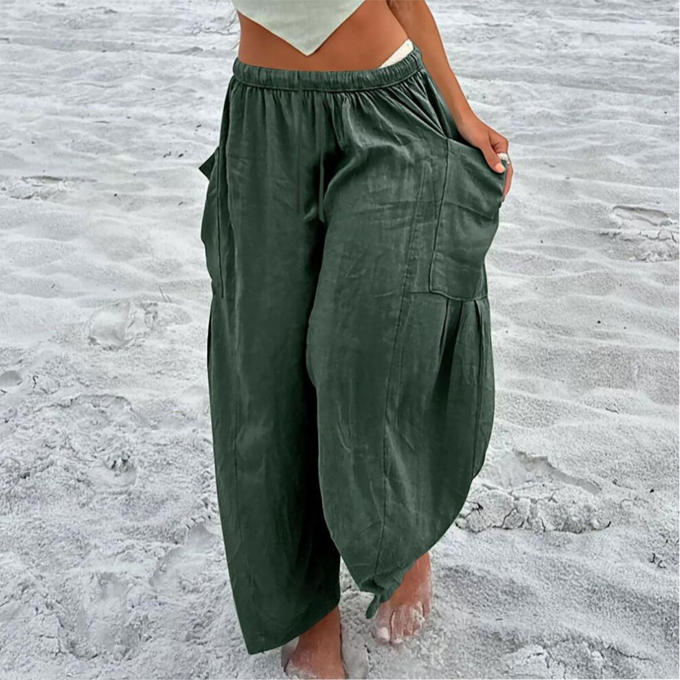 (green, S) Women Plus Size Wide Leg Linen Pants Middle Waist Summer Baggy Pants