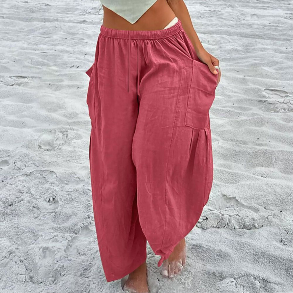 (pink, XXXL) Women Plus Size Wide Leg Linen Pants Middle Waist Summer Baggy Pants