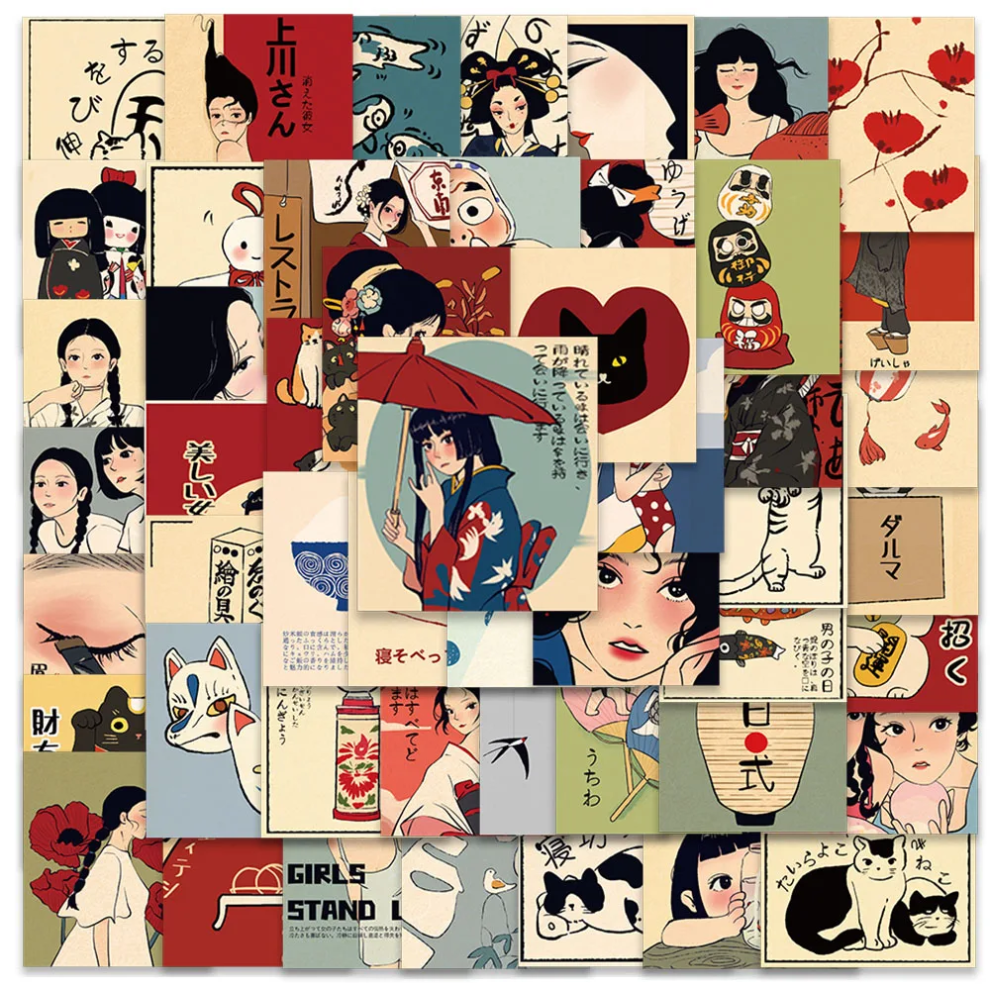(MULTICOLOR) 50Pcs Vintage Classic Japanese Culture Stickers DIY Stickers Scrapbooking Phone Luggage Skateboard  Waterproof Decals