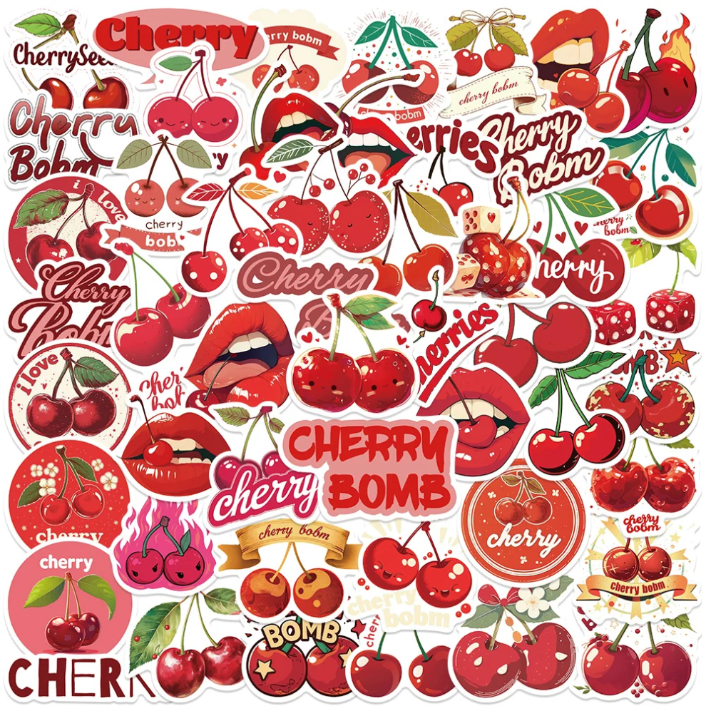 (Multicolor) 50Pcs Cherry Bomb Stickers Cherry Graffiti Stickers For Diy Luggage Laptop Skateboard Motorcycle Bicycle Stickers Red