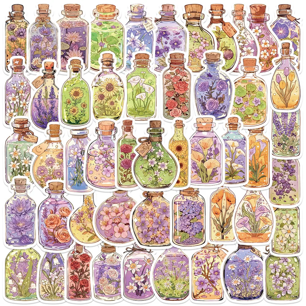 (Multicolor) 50Pcs Flowers In Glass Bottle Stickers Cartoon Plants For Laptop Notebooks Luggage Skateboard Refrigerator Stickers Green