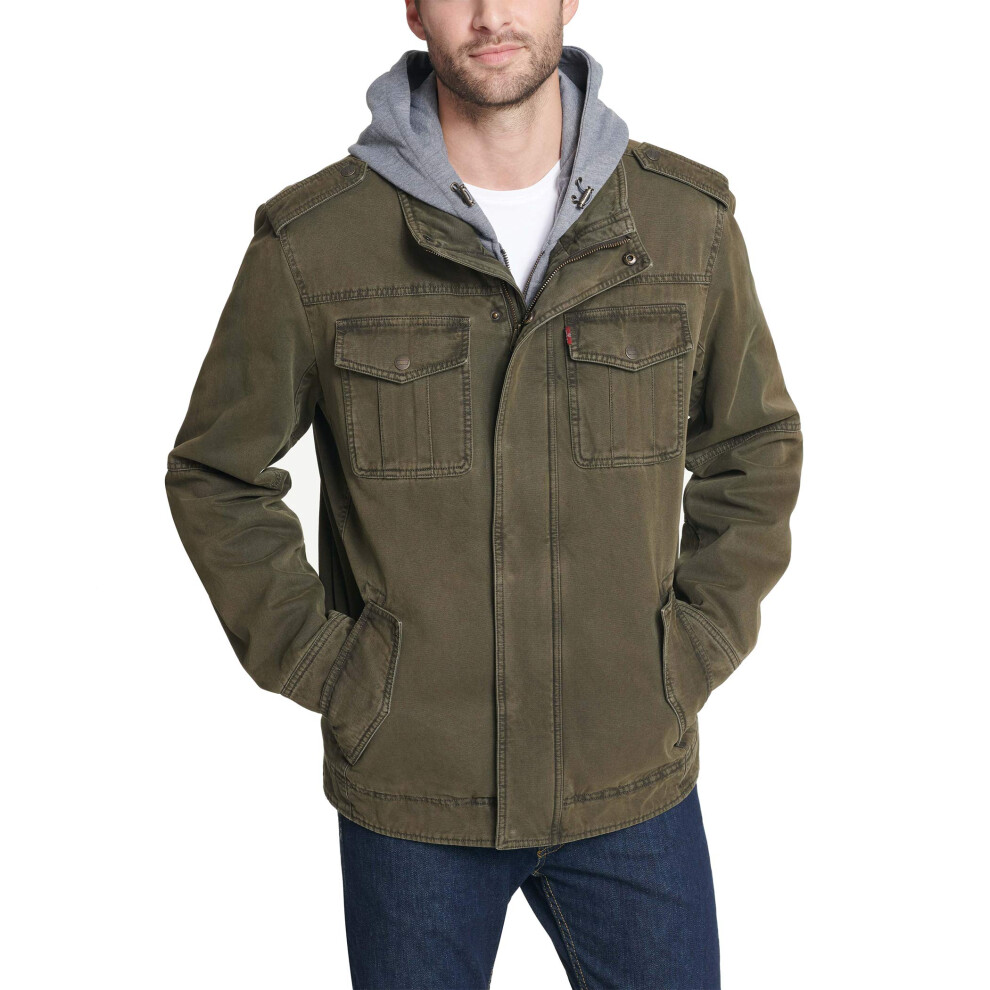 Levi's Mens Washed Hooded Military Cotton Lightweight Jackets Olive X Green
