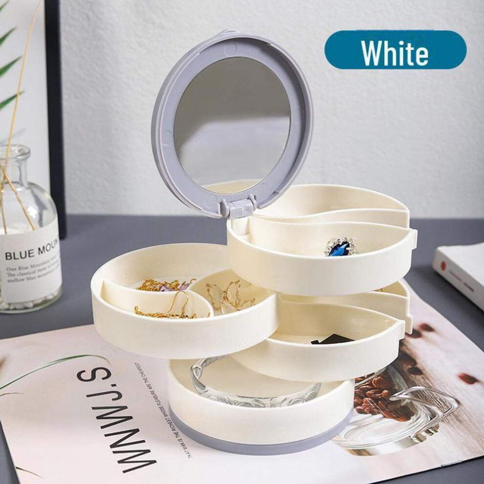 (white, with mirror) Multi-layer Rotating Jewelry Box For Necklaces, Earrings, Rings, And Accessories