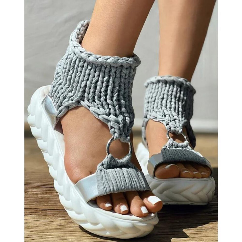 (grey, 35) Sandals Women Summer 2024 Women Fashion Sexy Beach Wear Flat Shoes Solid Color Braided Knit O-Ring Cutout Platform Sandals