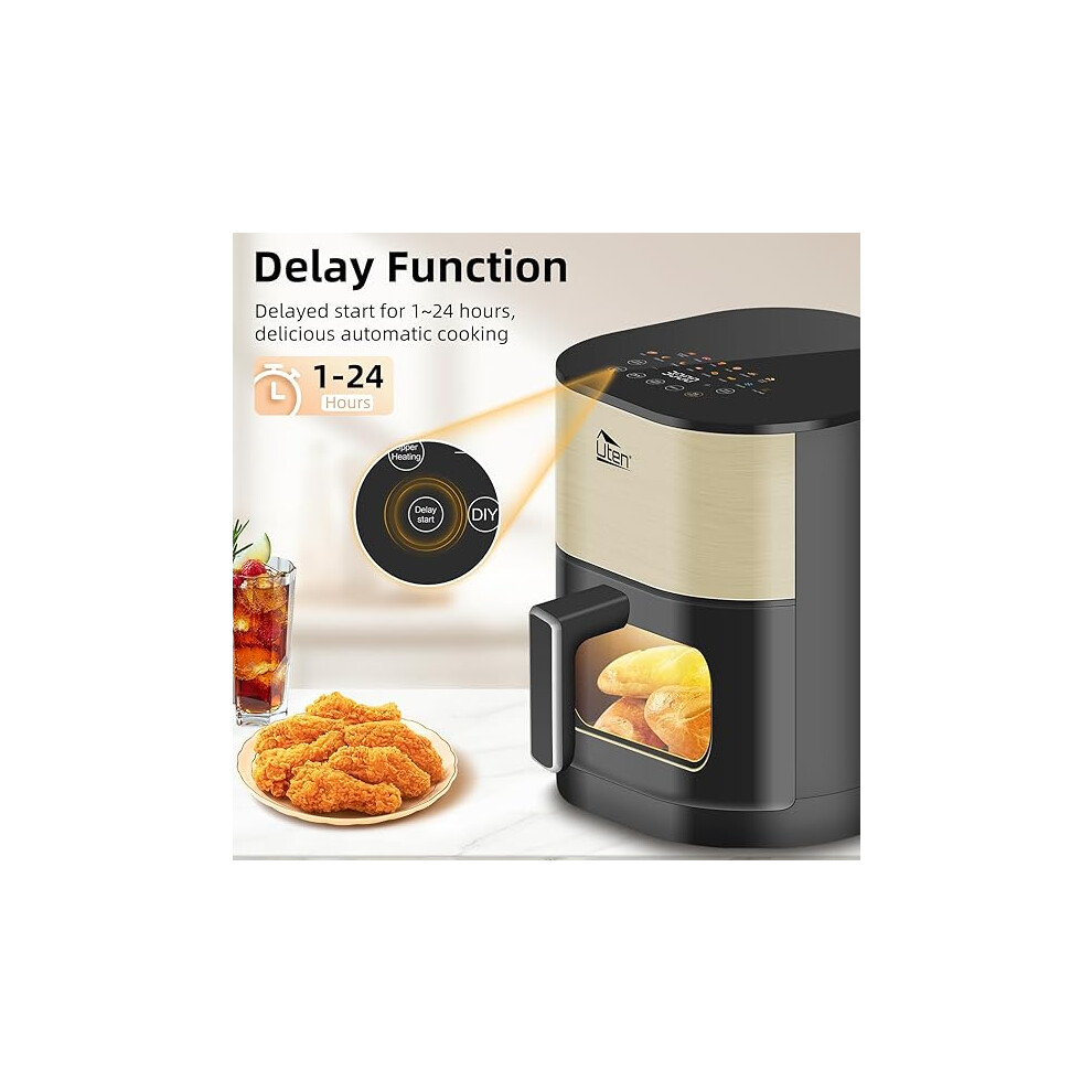 Uten TurboBlaze Air Fryer 5,5 L avec Fenêtre Visuelle, Airfryer XXL, 14 Programmes, Démarrage Différé, Filtre à Huile, 2 Résistance Contrôle Indépendant, Pas Retournement Aliments, Economie Energie